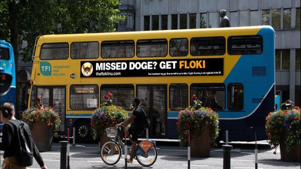 A Floki ad on a bus.